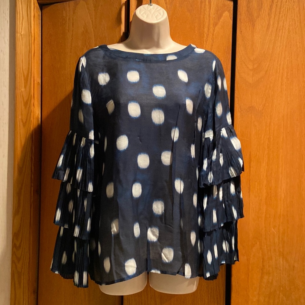 Chico’s Navy/White Pleated Tie Sleeve Polka Dot Blouse Sz 1 -NWT